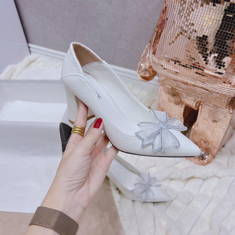 Giày cao gót nhọn  và giày gót vuông công sở da mềm phối nơ voan viền đá sang trọng K21 Vân sần