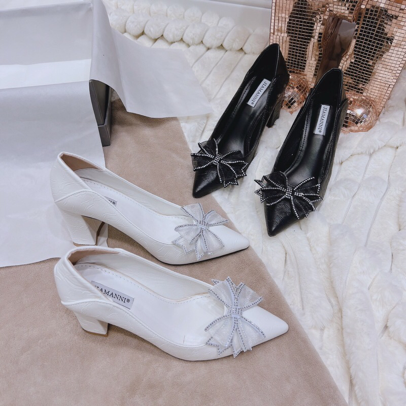 Giày cao gót nhọn  và giày gót vuông công sở da mềm phối nơ voan viền đá sang trọng K21 Vân sần