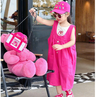 Set yếm hồng cho bé gái, set yếm kaki phối áo cotton in hình gấu hồng xinh xắn