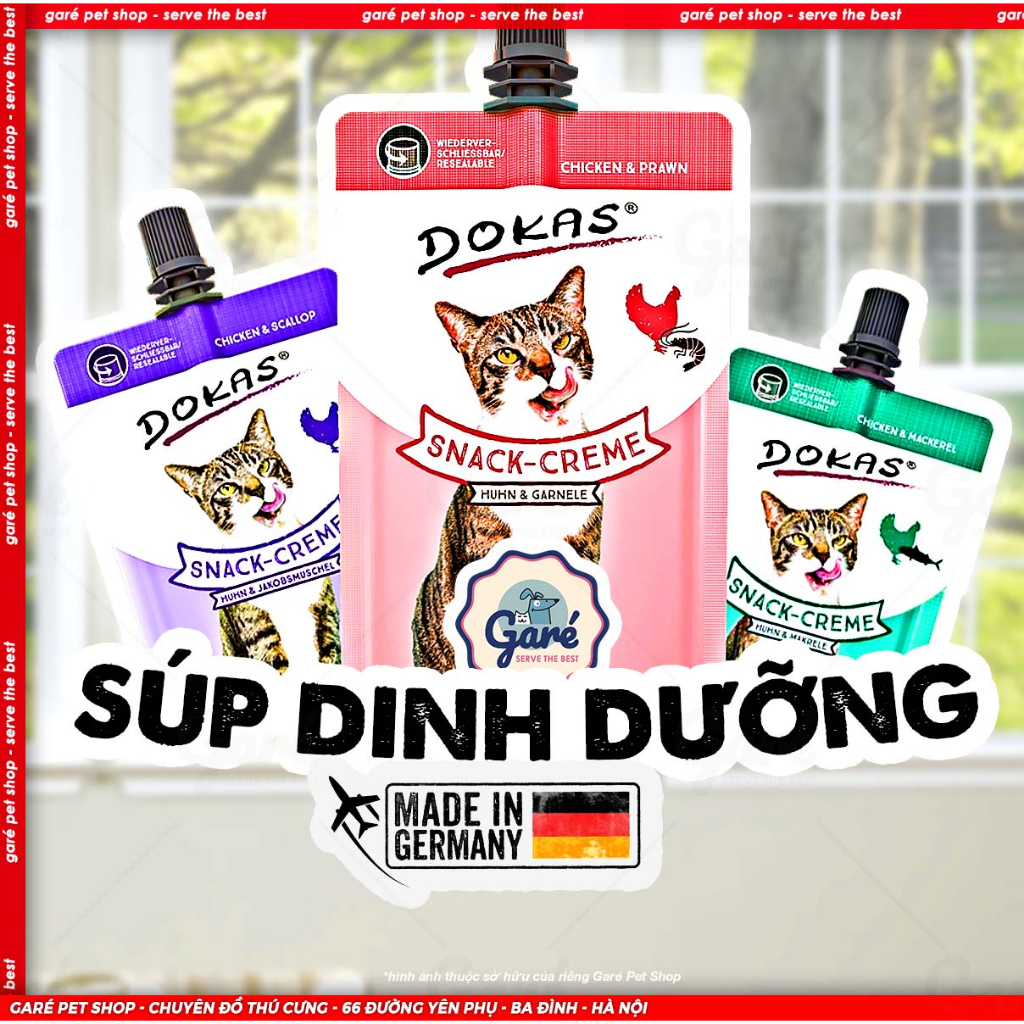 Súp kem Dokas Đức cho Mèo các hương vị tươi ngon Gà Cá - Súp thưởng cho Mèo dạng túi tiện lợi
