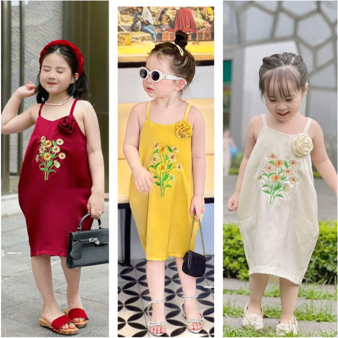 Váy 2 dây cho bé gái, chất liệu lụa, thêu hoa xinh xắn