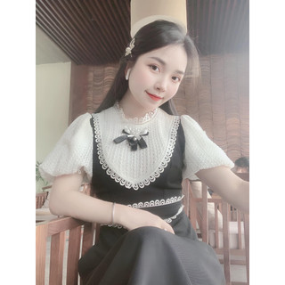 Bán sỉ váy phối ren cổ nơ tay bồng