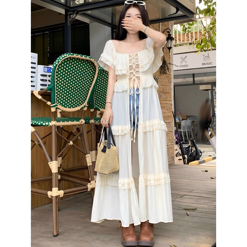 Áo đầm dáng dài đan dây bèo trễ vai ulzzang màu trắng/đen đi biển/du lịch NÀNG CLOSET