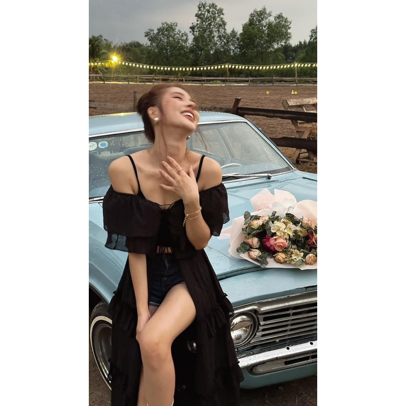 Áo đầm dáng dài đan dây bèo trễ vai ulzzang màu trắng/đen đi biển/du lịch NÀNG CLOSET