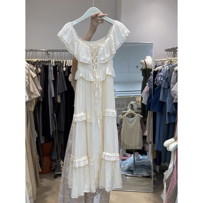 Áo đầm dáng dài đan dây bèo trễ vai ulzzang màu trắng/đen đi biển/du lịch NÀNG CLOSET
