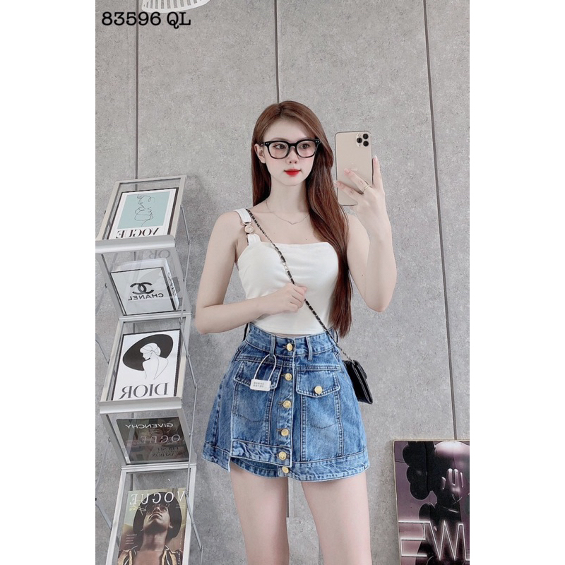 Quần Đùi Bò Mix Cúc Đồng Xẻ Tà/ Quần Sooc Jean Giả Váy Hàng QCCC L1