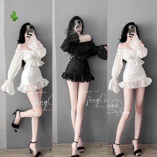 Set voan bẹt vai tay dài phối chân váy xoè đuôi cá - T3P