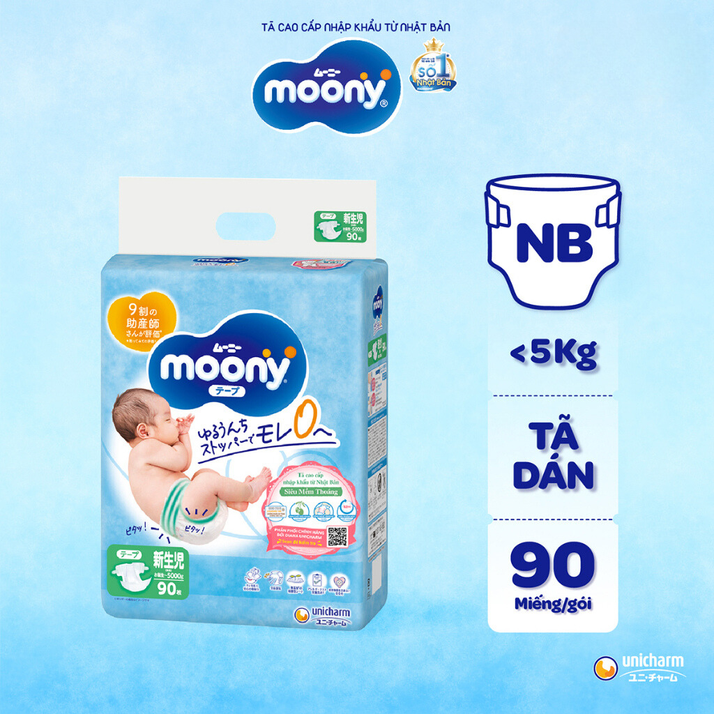Tã dán sơ sinh Moony Newborn 90 miếng - Nhập khẩu Nhật Bản