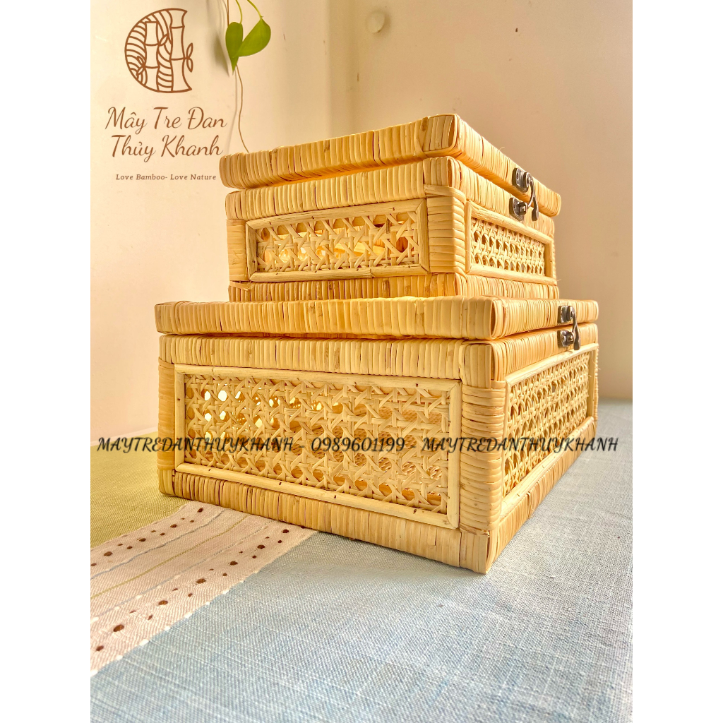 Hộp mây chữ nhật mắt cáo đa năng, decor trang trí Mây tre đan Thủy Khanh