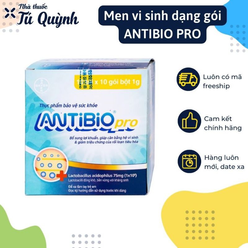 Men vi sinh Antibio Pro bổ sung 100 triệu lợi khuẩn giúp ổn định hệ tiêu hoá, giảm đi phân sống, tiêu chảy, nôn ói