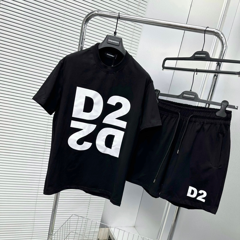 Bộ đồ nam cộc tay mặc hè Dsq2 in chữ D2 đối xứng đen trắng vải cotton 4 chiều thoáng mát BH69P