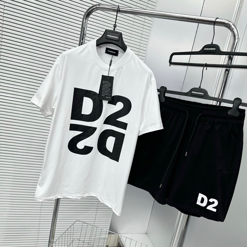 Bộ đồ nam cộc tay mặc hè Dsq2 in chữ D2 đối xứng đen trắng vải cotton 4 chiều thoáng mát BH69P
