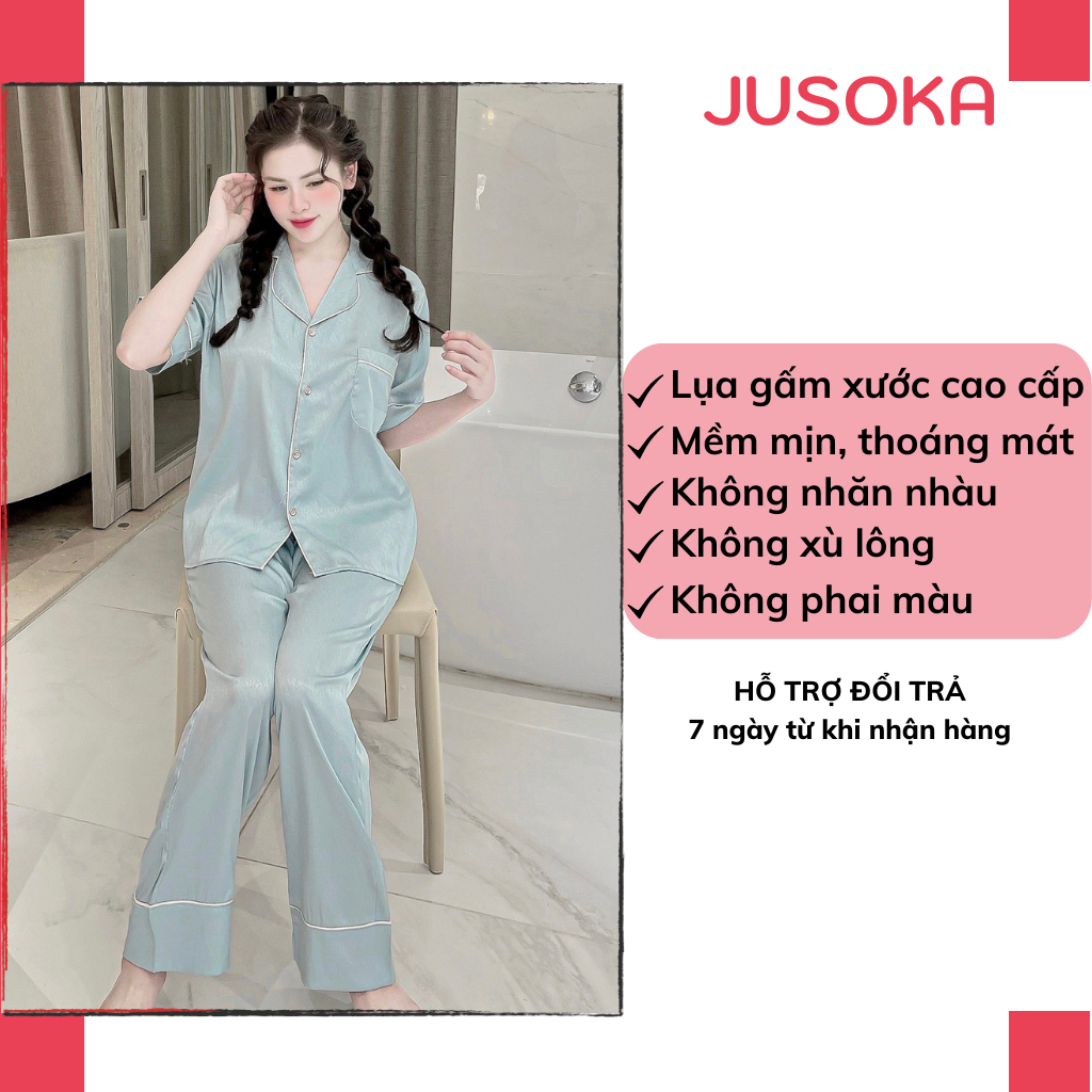 Đồ bộ nữ pijama lụa ngủ gấm xước ánh kim tay ngắn quần dài mặc nhà cao cấp JUSOKA TN39