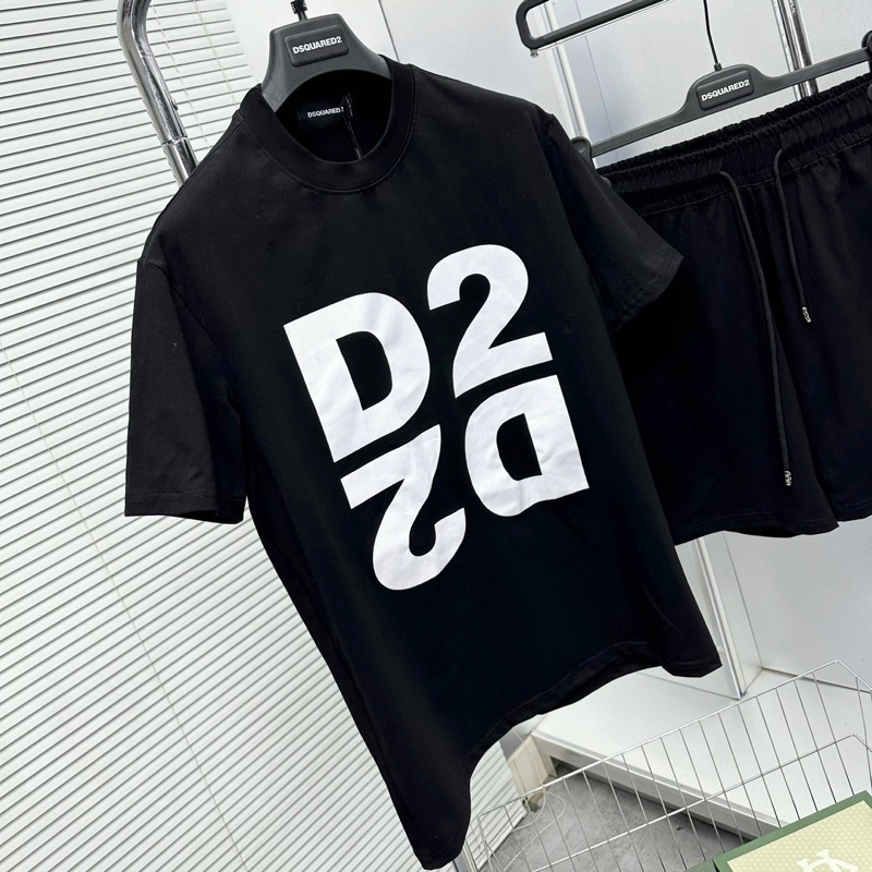 Bộ đồ nam cộc tay mặc hè Dsq2 in chữ D2 đối xứng đen trắng vải cotton 4 chiều thoáng mát BH69P
