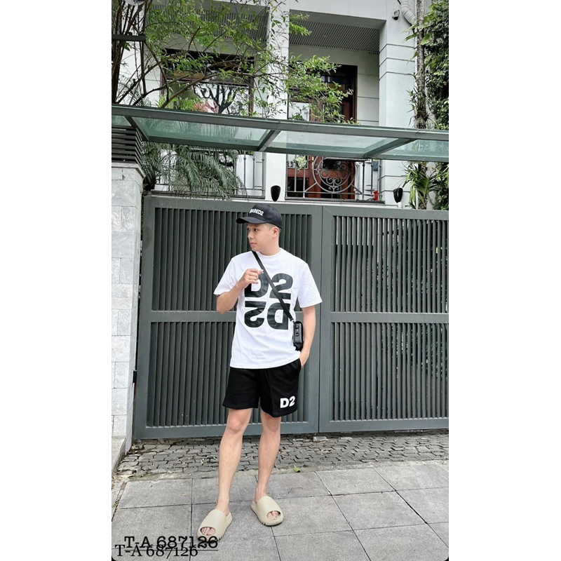 Bộ đồ nam cộc tay mặc hè Dsq2 in chữ D2 đối xứng đen trắng vải cotton 4 chiều thoáng mát BH69P