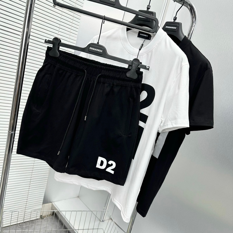 Bộ đồ nam cộc tay mặc hè Dsq2 in chữ D2 đối xứng đen trắng vải cotton 4 chiều thoáng mát BH69P