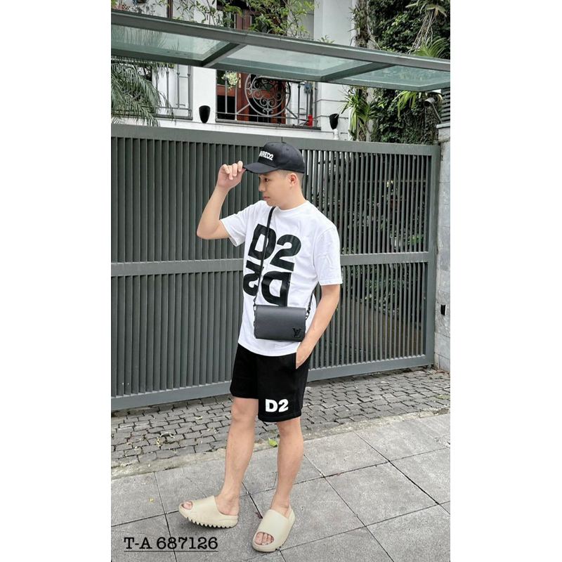 Bộ đồ nam cộc tay mặc hè Dsq2 in chữ D2 đối xứng đen trắng vải cotton 4 chiều thoáng mát BH69P