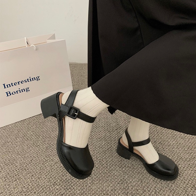 Giày nữ tiểu thư độn đế 5cm quai cài - Giày búp bê nữ da PU trơn mũi tròn phong cách Vintage