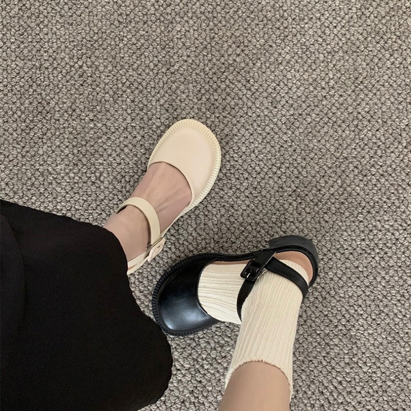 Giày nữ tiểu thư độn đế 5cm quai cài - Giày búp bê nữ da PU trơn mũi tròn phong cách Vintage