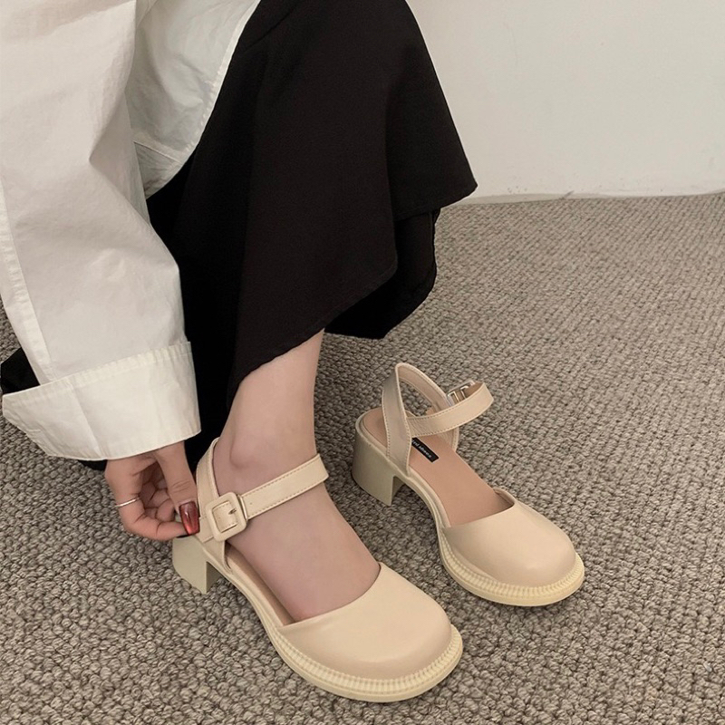 Giày nữ tiểu thư độn đế 5cm quai cài - Giày búp bê nữ da PU trơn mũi tròn phong cách Vintage