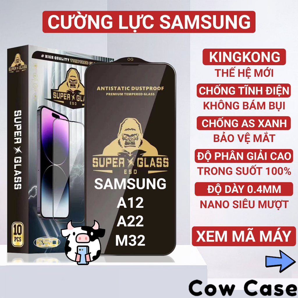 Kính cường lực Samsung A12, A22, M32 4G|5G, M12 Kingkong full màn | Miếng dán bảo vệ màn hình cho ss galaxy Cowcase