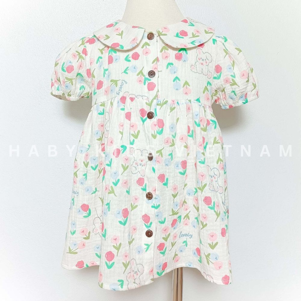 Váy bé gái - Váy cho bé gái baby doll cổ sen chất xô muslin HABY KIDS