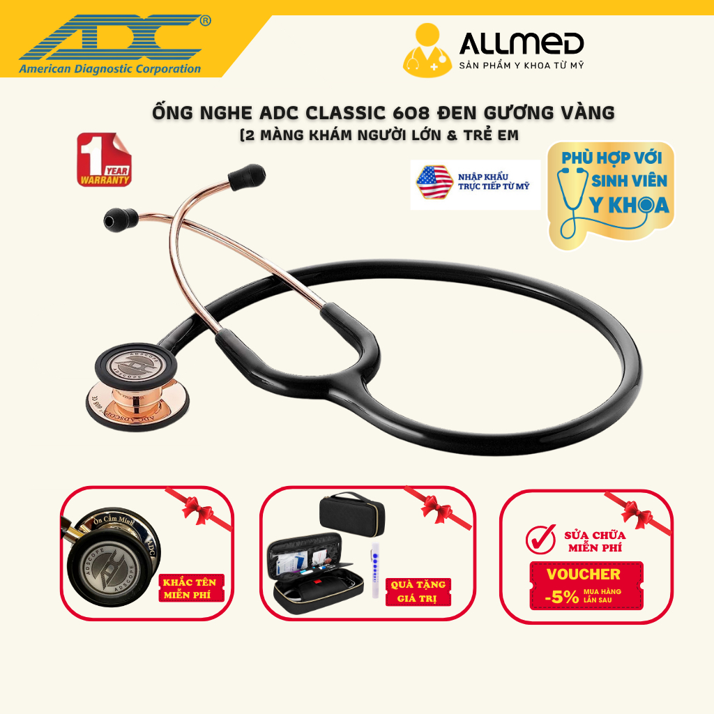 Ống nghe cao cấp ADC 608, 2 màng nghe người lớn và trẻ em, màu Đen gương vàng , nhập trực tiếp từ Mỹ
