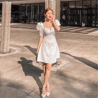 Đầm Xoè Tay Bồng Đi Tiệc,Đầm Trắng Cổ Chữ U, Tay Nơ, Đầm Thiết Kế Xinh Xắn,Sang Trọng