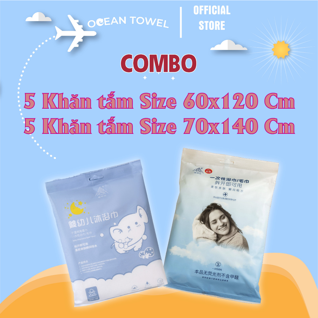(COMBO10) 5 Khăn Tắm Du Lịch 70 x140 Cm + 5 Khăn Tắm BaBy 60 x 120 Cm, Khăn Tắm Dùng 1 Lần Tiệt Trùng Oceantowel Cao Cấp