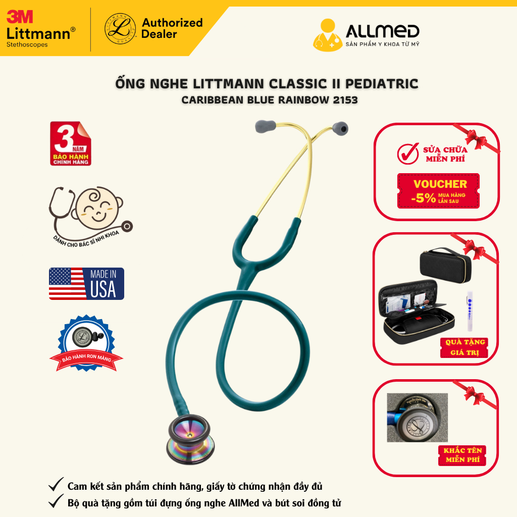 Ống nghe Littmann® Classic II Pediatric Caribbean Blue Rainbow 2153 chính hãng 3M Mỹ