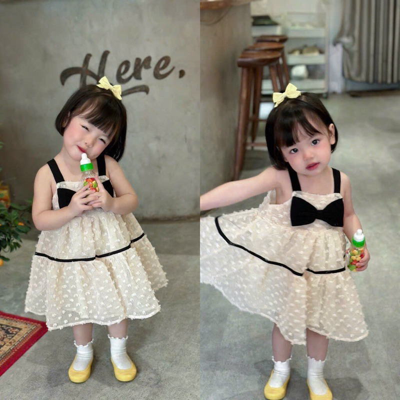 Váy bé gái,váy hoa phối nơ đen cực xinh cho bé yêuC6