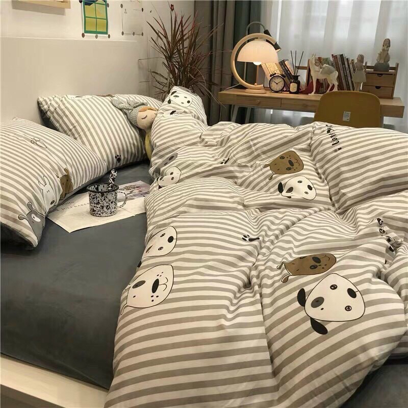 Bộ vỏ chăn ga gối cotton poly Lidaco decor phòng ngủ vintage các mẫu con vật hoạt hình