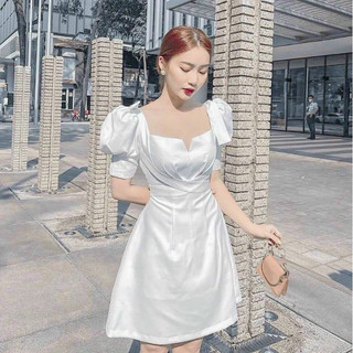 Đầm Trắng Tay Bồng, Đầm Xoè Phối Nơ, Đầm Dự Tiệc, Đầm Thiết Kế, Đầm Xoè Cổ Vuông, Xinh Xắn