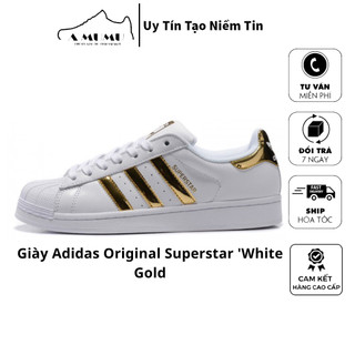Giày thể thao adidas superstar màu trắng sọc vàng đồng, superstar gold silver
