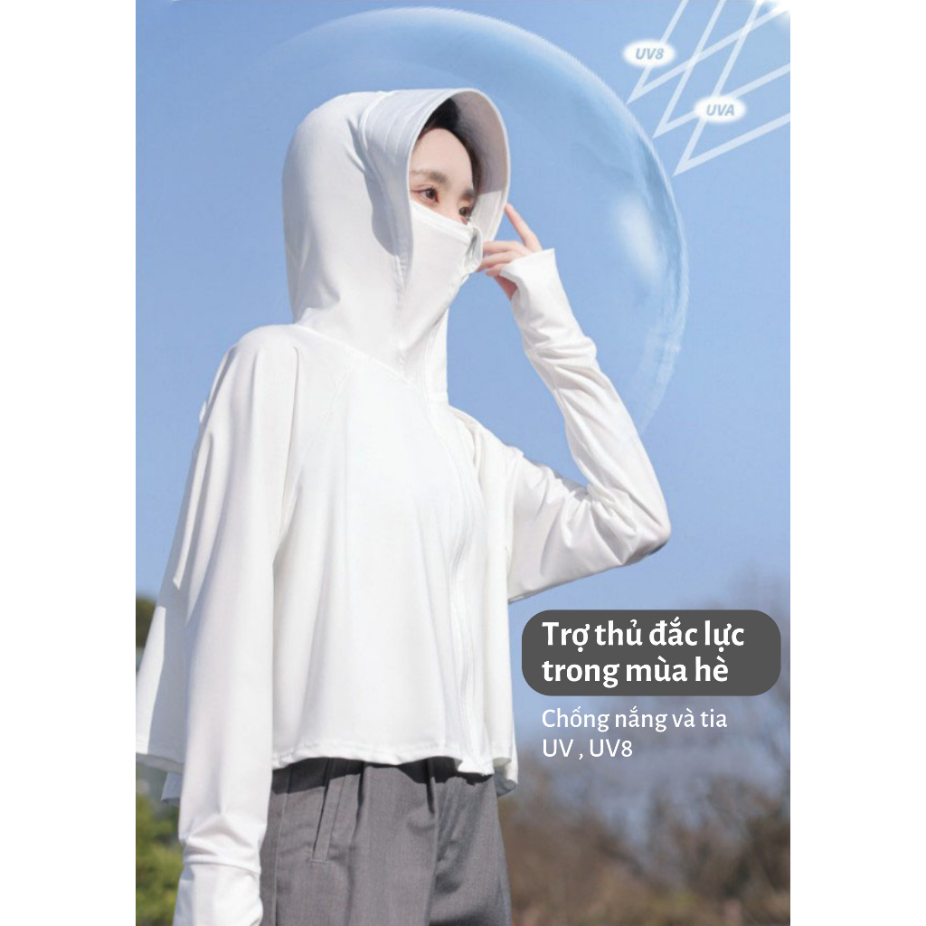 Áo Chống nắng nữ Điều Hoà Chống Tia UV UPF50+ vải thun lạnh có mũ rộng vành dáng ngắn croptop công nghệ nhật bản A100 | BigBuy360 - bigbuy360.vn