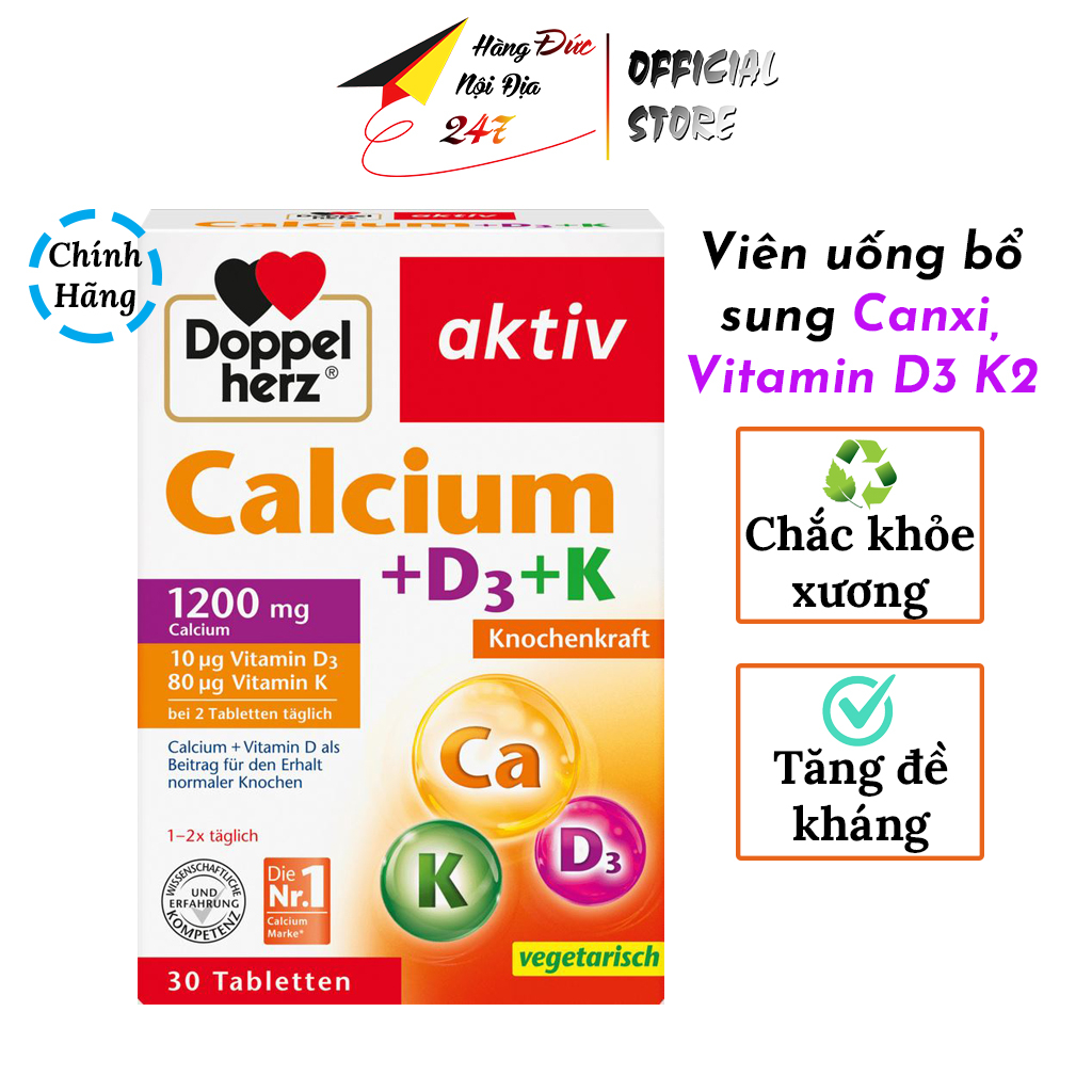 Viên uống Canxi vitamin D3 K2 giúp chắc khỏe xương, hỗ trợ chức năng xương cơ và quá trình đông máu <Hàng Đức 30v>