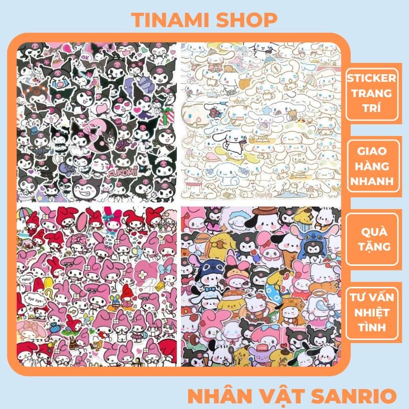 Bộ 50 Sticker các nhân vật Sanrio Cinnamoroll My Melody Kuromi hình dán trang trí sổ tay điện thoại laptop