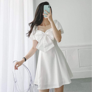 Đầm xoè tay bồng đi tiệc, đầm trắng phối nơ, đầm tiểu thư dự tiệc, đầm thiết kế sang trọng, váy nữ tay dài