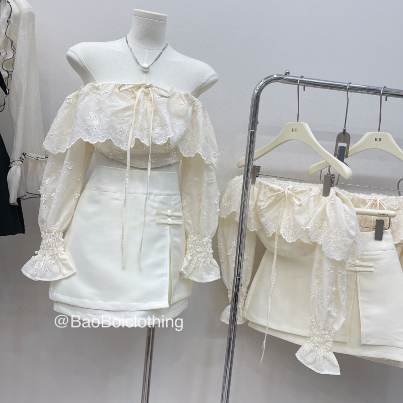 Set Áo Ren Trễ Vai Mix Chân Váy Tacta (hình thật) Set Áo Trễ Vai Ren Chân Váy Tafta Tôn Dáng