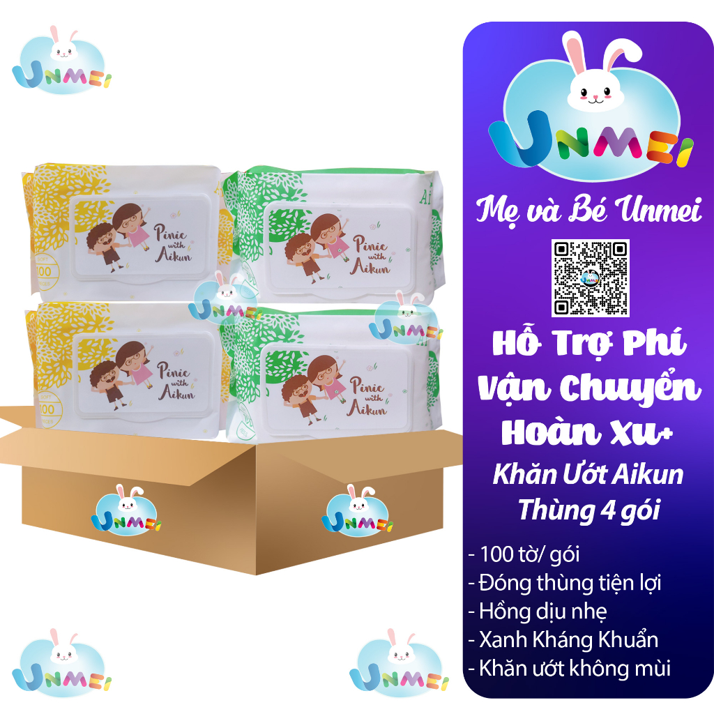 Aiko - Thùng 4 Gói Khăn Ướt Aiko không mùi 100 tờ Hồng / Xanh, có Gói du lịch bỏ túi