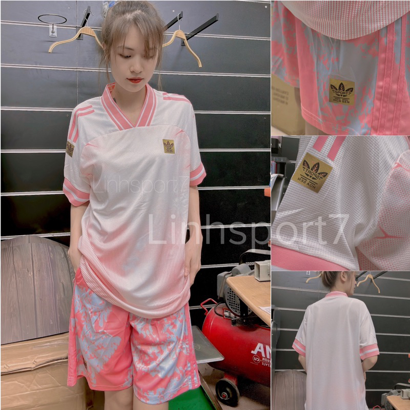 Set Bộ Thể Thao Ba Lá màu Hồng trắng vải gai thái quần có túi