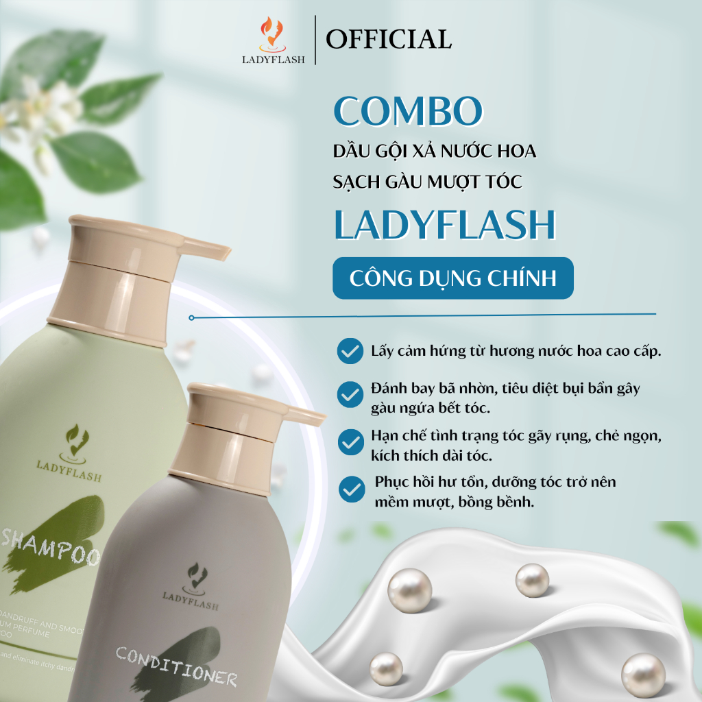COMBO Dầu Gội, Dầu Xả Nước Hoa Sạch Gàu Mượt Tóc LADYFLASH