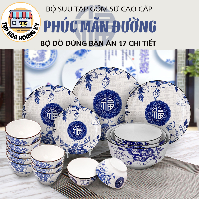 BỘ TÔ, CHÉN, ĐĨA GỐM SỨ HOA VĂN 4D CHỮ PHÚC 4D   