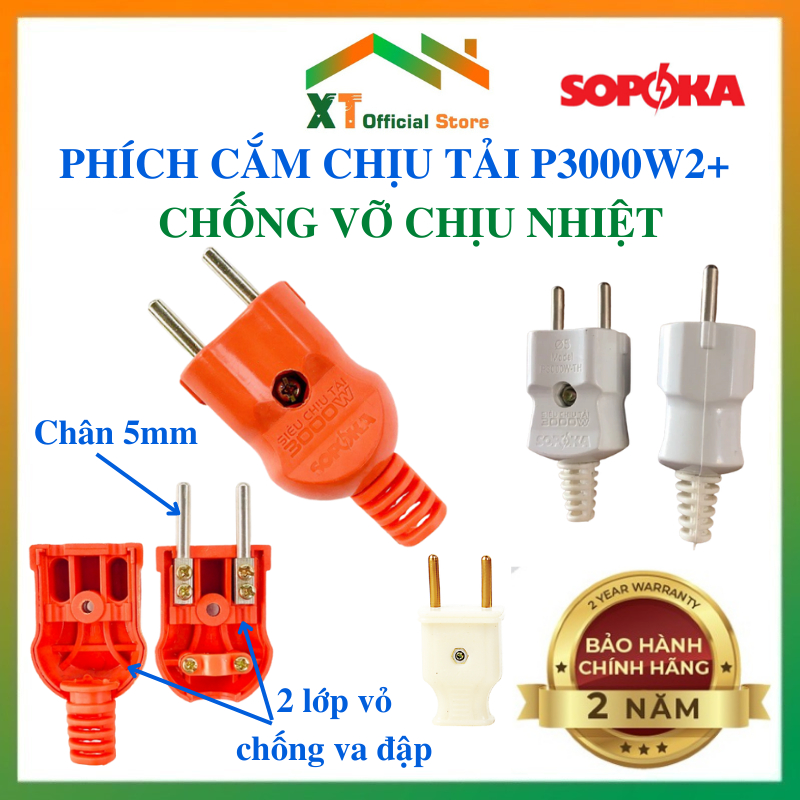 Phích Cắm Chịu Tải Cam 3000W2+ SOPOKA,Lõi Sứ Chống Cháy 6000W,Phích Đực Trắng P3000WH,P17-D,SP1-10A