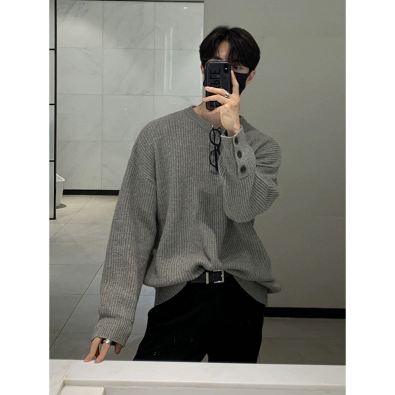 > Áo sweater dệt kim màu xám nút kiểu cổ tròn dài tay phong cách Hàn Quốc dành cho nam trẻ trung cá tính 2022