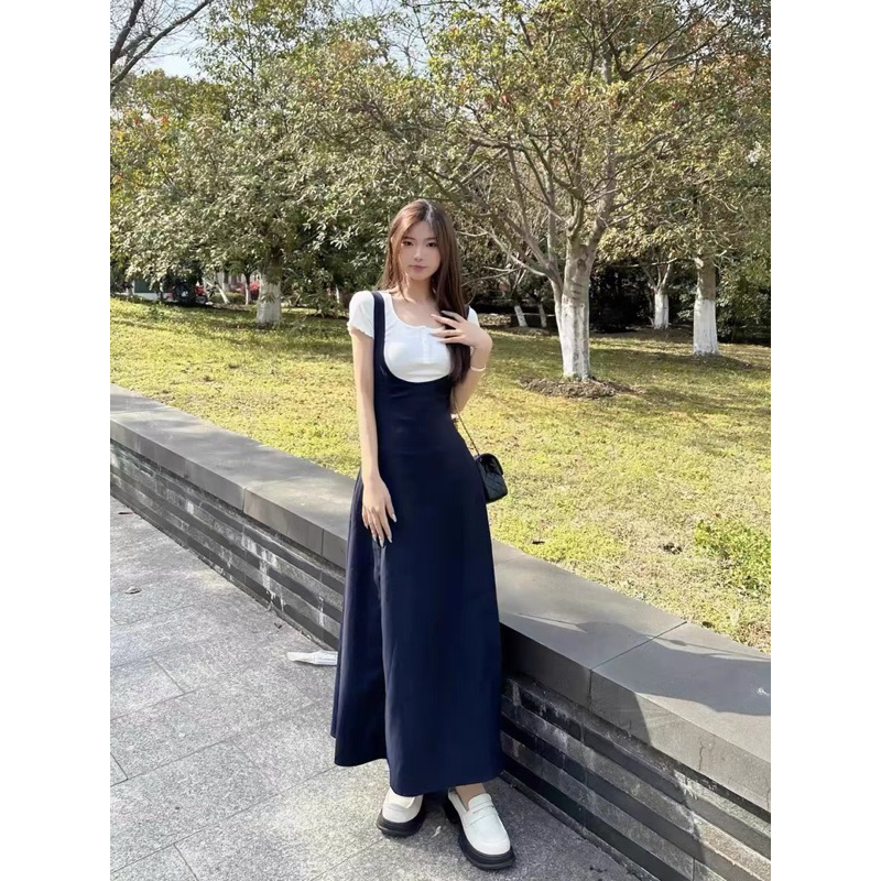 Set Váy Yếm Dáng Dài Phối Cùng Áo Phông Ngắn Tay Đi Làm Đi Chơi Đi Biển Siêu Đẹp