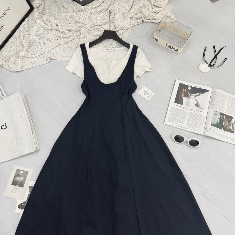 Set Váy Yếm Dáng Dài Phối Cùng Áo Phông Ngắn Tay Đi Làm Đi Chơi Đi Biển Siêu Đẹp