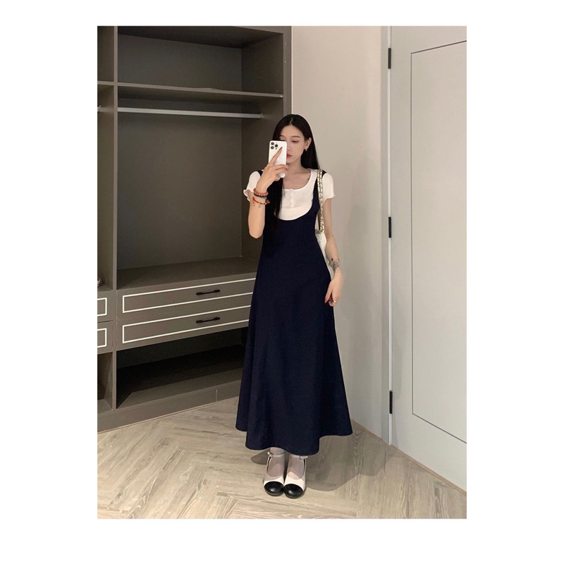 Set Váy Yếm Dáng Dài Phối Cùng Áo Phông Ngắn Tay Đi Làm Đi Chơi Đi Biển Siêu Đẹp