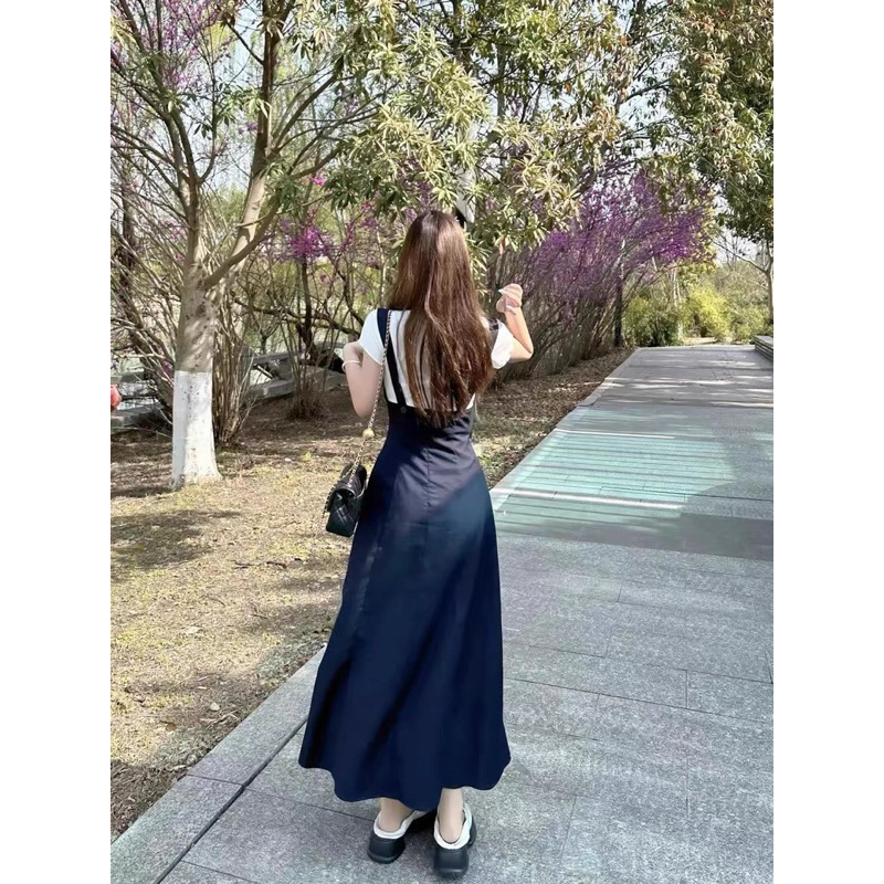 Set Váy Yếm Dáng Dài Phối Cùng Áo Phông Ngắn Tay Đi Làm Đi Chơi Đi Biển Siêu Đẹp