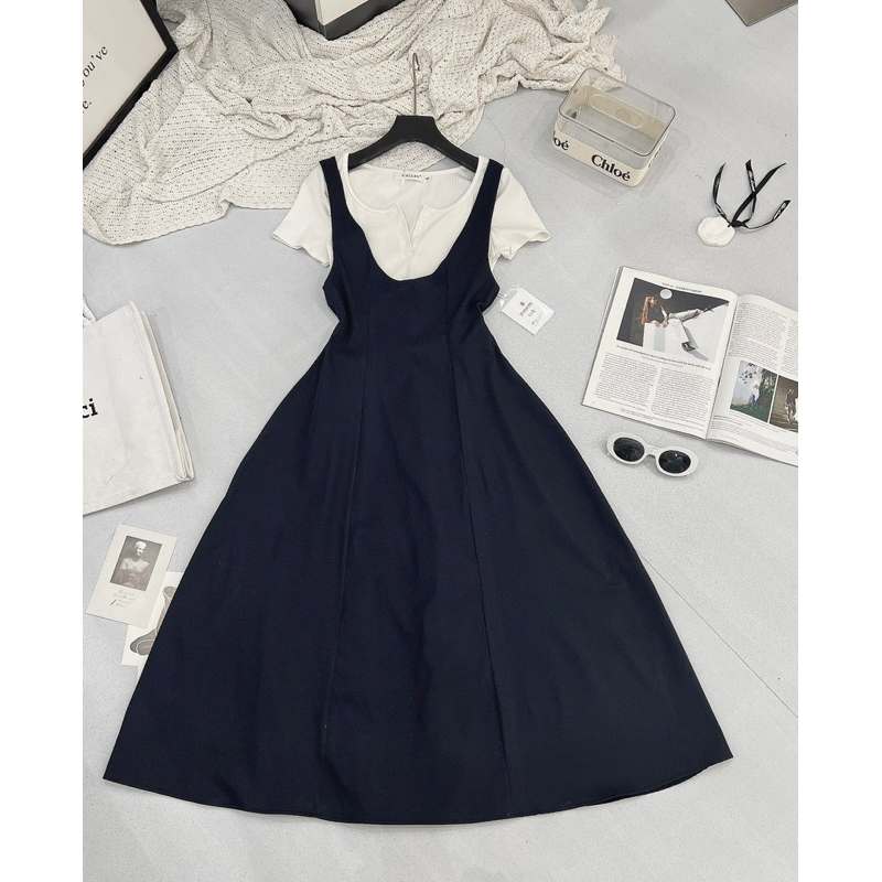 Set Váy Yếm Dáng Dài Phối Cùng Áo Phông Ngắn Tay Đi Làm Đi Chơi Đi Biển Siêu Đẹp